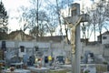 Cemetery with tombstones in the shape of a cross, angels. Many decorated graves