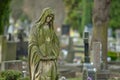 Cemetery with tombstones in the shape of a cross, angels. Many decorated graves