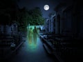 Cemetery with two ghosts in the moonlight