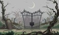 Cemetery under the moon. Forged vintage.gate, lock, cemetery entrance, graves, tombs, cobweb coffin. Night cemetery moonlight,