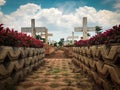 cemetery view area with flower, white cross and blue sky with cloud