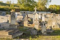 In a cemetery, view of old tombstones