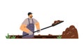 Cemetery worker dig grave with shovel. Man dripping pit in ground vector illustration Royalty Free Stock Photo