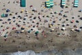 cenital, above of aerial viux beach coastime with people and tropical beach, umbrella buenos aires argentina