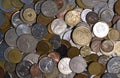 Cenital view of a pile of world coins