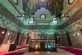 Mausoleum at Mamluk era Mosque and Madrasa of Sultan Hassan with colorful marble mosaic, and carved inscription, Cairo