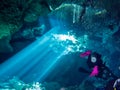 In the cenote Chac Mool the divers approach the exit Royalty Free Stock Photo