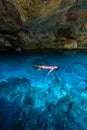 Cenote Dos Ojos in Quintana Roo, Mexico. People swimming and snorkeling in clear blue water. This cenote is located close to Tulum Royalty Free Stock Photo