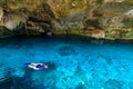 Cenote Dos Ojos in Quintana Roo, Mexico. People swimming and snorkeling in clear blue water. This cenote is located close to Tulum Royalty Free Stock Photo