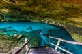 Cenote Dos Ojos in Quintana Roo, Mexico. People swimming and snorkeling in clear blue water. This cenote is located close to Tulum