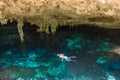 Cenote Dos Ojos in Quintana Roo, Mexico. People swimming and snorkeling in clear water. This cenote is located close to Tulum in