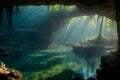 Cenote illuminated by a ray of sunlight revealing an undergr