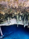 The Cenotes in Yucatan, Mexico with sedimentary rocks that infiltrate rainwater and form large caverns or water reservoirs