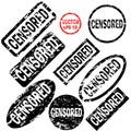 Censored set of black round and square rubber stamps