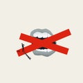 Censorship vector concept. Tape over mouth with man finishing it. Symbol of freedom of expression loss.