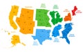 United States, split into Census regions and divisions, political map