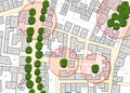 Census of singol, group or row trees in cities - green management and tree mapping concept with imaginary city map with