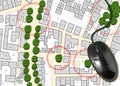 Census of singol, group or row trees in cities - green management and tree mapping concept with imaginary city map with