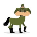 Centaur soldier in helmet. Military mythical creature. Half horse half person. Magical Warrior. Fairy-tale characters athlete. Ma