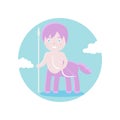 Centaur with spear and onion. Vector illustration. Fairy-tale subjects and characters. Objects on a colored circle