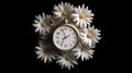 Clock surrounded by white daisies