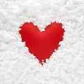 Center bright red heart in soft white snowy ice texture. For Valentine`s Day or other romantic holiday Royalty Free Stock Photo