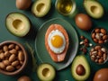 Keto diet concept - salmon, avocado, eggs, nuts and seeds, bright green background, top view