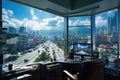 Center with computers for traffic control in the city. Room filled with lots of computer monitors