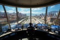 Center with computers for traffic control in the city. Room filled with lots of computer monitors