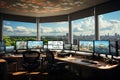 Center with computers for traffic control in the city. Room filled with lots of computer monitors