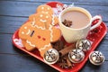 Center gingerbread men top view with coffee on red dish Royalty Free Stock Photo