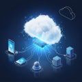 At the center is a large, glowing cloud, symbolizing data storage Royalty Free Stock Photo