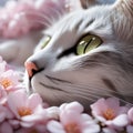 Close up of a white cat with green eyes laying in a pile of pink flowers