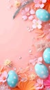 The center of the peach background features multicolored eggs and flowers, leaving space for text. Generated AI