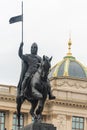 Center of the Prague: Wenceslas square, the equestrian statue of Saint Wenceslas, Neorenaissance National Museum in Prague.