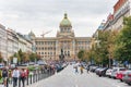 Center of the Prague: Wenceslas square, the equestrian statue of Saint Wenceslas, Neorenaissance National Museum in Prague.