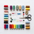 In the center, sewing needles are threaded with multicolored threads Royalty Free Stock Photo