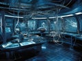 Futuristic lab with holographic creatures
