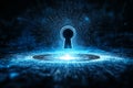 At the center of a vast matrix of digital data lies a giant keyhole, where tiny padlocks continuously lock, Generated AI