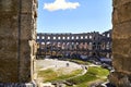Center view of historical amphitheater of Pula in Istria, Croatia