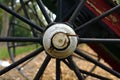 Old abandoned black metal wheel of farm machinery from 19th century Royalty Free Stock Photo