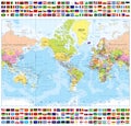 Centered America Political World Map and All World Country Flags Royalty Free Stock Photo