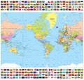 Centered America Political World Map and All World Flags Royalty Free Stock Photo