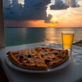 A centered shot of a pizza on a beach background ai generative illustration