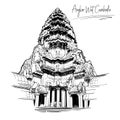 Centerpiece of the Angkor Wat temple. Black and white sketch isolated on white background.