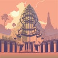 Centerpiece of the Angkor Wat temple complex in Cambodia. Sunset panorama. Vintage poster. EPS10 vector illustration