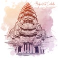 Centerpiece of the Angkor Wat temple. Linear drawing isolated on a grunge watercolor spot