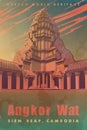 Centerpiece of the Angkor Wat temple. Sunset panorama. Vintage poster