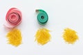 Centimeter ribbon with macaroni on a white background. The concept of fighting excess weight