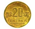 20 Centimos coin, 1991~2015 - Nuevo Sol Circulation serie, Bank of Peru Royalty Free Stock Photo